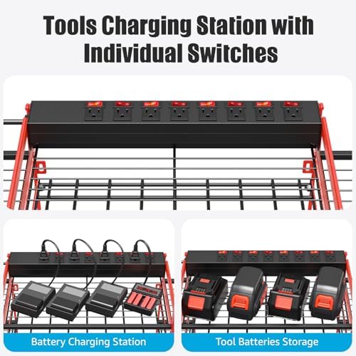 CCCEI Red Power Tool Organizer Wall Mount, Large Tools and Battery Storage Rack Charging Station Individual Switches. Drills Holder, Garage Utility Shelves with 6FT Power Strip. Gift for Men. - Field & Pure