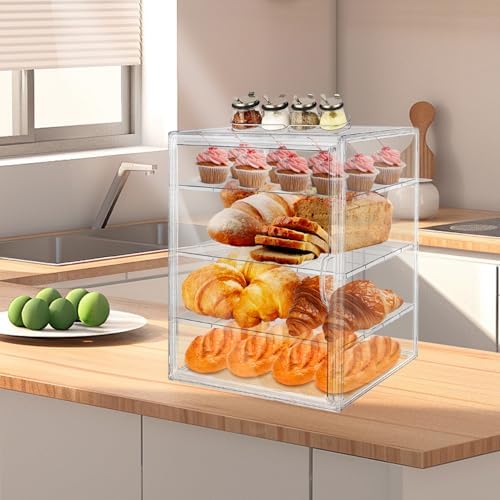 15.5 x 11.4 x 9.8 Inch 4-Tier-Party Display Case, Bakery Display Case Countertop,Adjustable Clear Bread Storage with Magnetic Door Bakery Pastry Display, Cookies and Donuts - Field & Pure