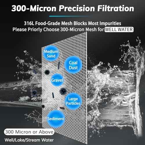 Spin Down Sediment Filters With Scraper, Well Water Filter System for House, Reusable Whole House Water Filter for Well Water, 300 Micron, 1" MNPT + 3/4" FNPT + 3/4"MNPT, BPA Free
