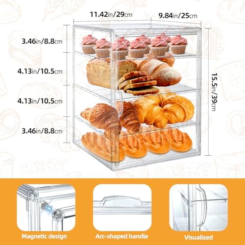15.5 x 11.4 x 9.8 Inch 4-Tier-Party Display Case, Bakery Display Case Countertop,Adjustable Clear Bread Storage with Magnetic Door Bakery Pastry Display, Cookies and Donuts - Field & Pure