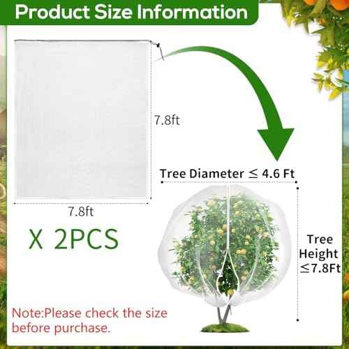 2PCS Large 7.8 x 7.8ft Fruit Tree Netting Cover with Zipper and Drawstring,Garden Insect Netting Plant Cover Transparent Bird Plant Barrier Flower Fruit Mesh Screen for Preventing Deer Squirrel Bugs