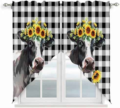 Sunflowers Cow Swag Curtain Valances, Kitchen Valance for Window, Farm Animal Black Buffalo Plaid Rod Pocket Topper Drapes for Bathroom Bedroom Living Room 2 Panels Window Treatment 36"x63"