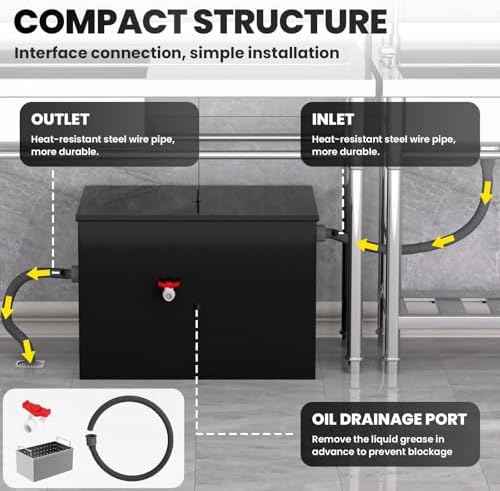 Commercial Grease Trap, 40 LBS Carbon Steel Under Sink Grease Trap, Side Inlet Interceptor 40 Gallon, 15.32 GPM Grease Interceptor, for Restaurant Home Kitchen Canteen