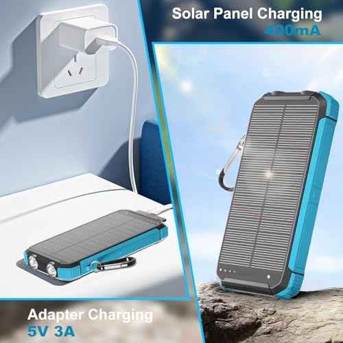 Solar Charger Power Bank 20000mAh, Wireless Fast Charging Battery Pack with 3 Built-in Cables & USB-C Input, Dual LED Flashlights, Portable Phone Charger for Camping, Travel & Emergency Use