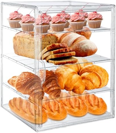 15.5 x 11.4 x 9.8 Inch 4-Tier-Party Display Case, Bakery Display Case Countertop,Adjustable Clear Bread Storage with Magnetic Door Bakery Pastry Display, Cookies and Donuts - Field & Pure