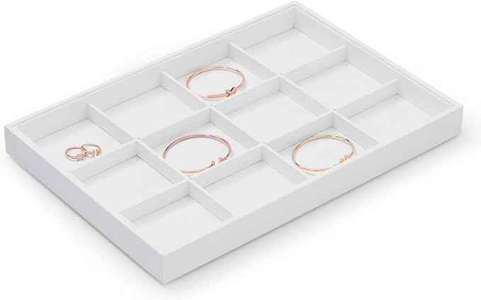 Oirlv Premium White Leather Stackable Jewelry Tray 12 Grid Jewelry Drawer
