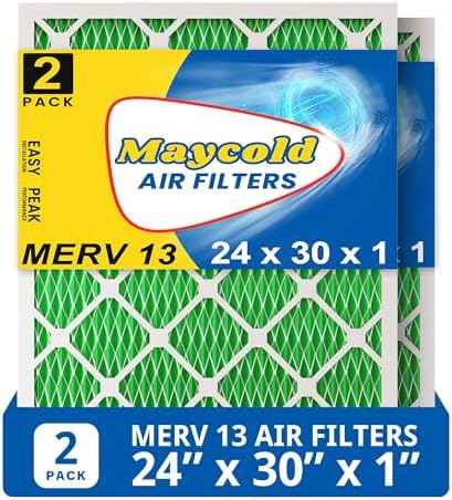 Maycold 24x30x1 MERV 13 Furnace Air Filter (2-Pack), High-Performance HVAC AC Filters for Home Use, Actual Size: 23.7" x 29.7" x 0.75", Individually Wrapped in Plastic