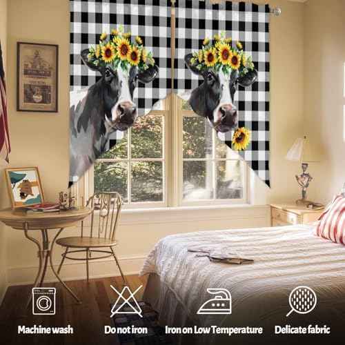Sunflowers Cow Swag Curtain Valances, Kitchen Valance for Window, Farm Animal Black Buffalo Plaid Rod Pocket Topper Drapes for Bathroom Bedroom Living Room 2 Panels Window Treatment 36"x63"