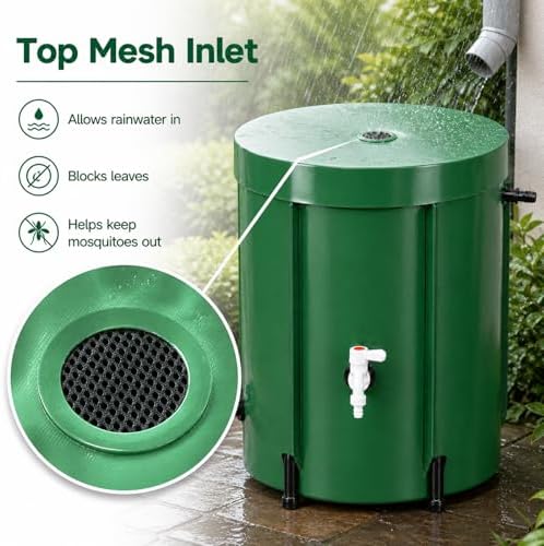 Collapsible Rain Barrel 53 Gallon, PVC Rainwater Collection Barrel with Spigot, Overflow & Mesh Screen — Portable, Foldable Water Storage Tank for Garden, Lawn & Outdoor Watering - Field & Pure