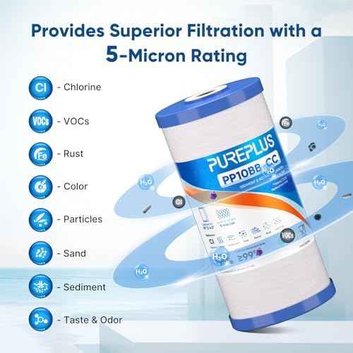 PUREPLUS 5 Micron 10" x 4.5" Whole House Sediment and Carbon Water Filter Replacement Cartridge for GE FXHTC, GXWH40L, GXWH35F, GNWH38S, Culligan RFC-BBSA, WRC25HD, PP10BB-CC, Pentek RFC-BB, 2Pack