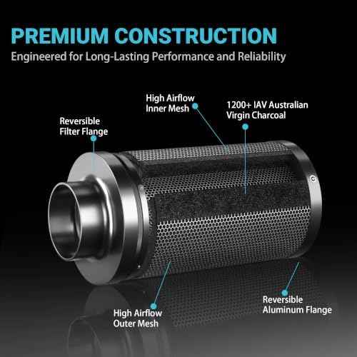 4 Inch Air Carbon Filter Smelliness Control with Australian Virgin Charcoal, Odor Removal Carbon Filter for Grow Tent, Inline Fan, Hydroponics, Pre-Filter Included, 4" x 12"