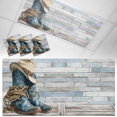 3 Pack Fluorescent Light Cover 4x2 Feet, Western Cowboy Boots Lights Filters Drop Fluorescent Lights Shade Panel, Vintage Country Blue Wooden Magnetic Ceiling Light Cover for Classroom Office