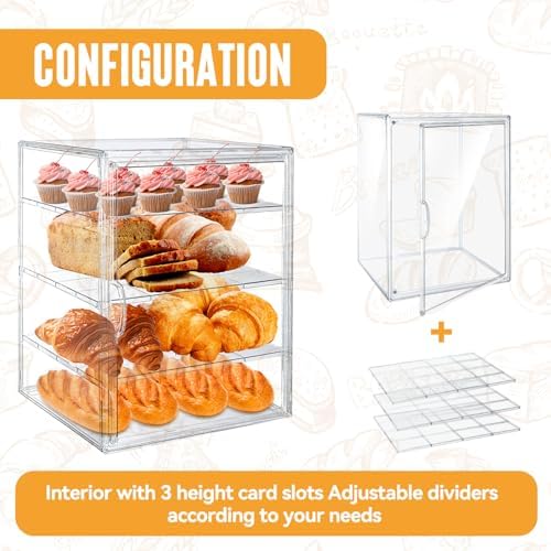 15.5 x 11.4 x 9.8 Inch 4-Tier-Party Display Case, Bakery Display Case Countertop,Adjustable Clear Bread Storage with Magnetic Door Bakery Pastry Display, Cookies and Donuts - Field & Pure