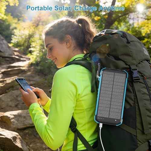 Solar Charger Power Bank 20000mAh, Wireless Fast Charging Battery Pack with 3 Built-in Cables & USB-C Input, Dual LED Flashlights, Portable Phone Charger for Camping, Travel & Emergency Use