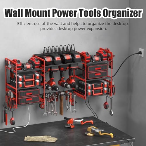 CCCEI Red Power Tool Organizer Wall Mount, Large Tools and Battery Storage Rack Charging Station Individual Switches. Drills Holder, Garage Utility Shelves with 6FT Power Strip. Gift for Men. - Field & Pure