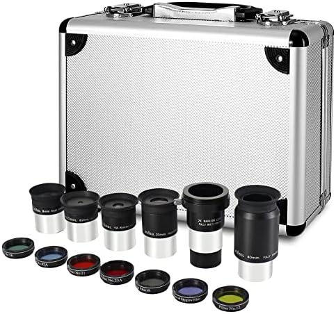CelticBird 1.25" Eyepiece and Filter Set with a Carry Case-Telescope Accessory Kit (13 Piece) - 5pcs Plossl Eyepieces & 5pcs Color Filters & a 2X Barlow Lens & a Moon Filter & a Polarizing Filter - Field & Pure
