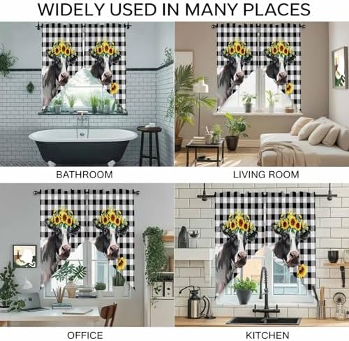 Sunflowers Cow Swag Curtain Valances, Kitchen Valance for Window, Farm Animal Black Buffalo Plaid Rod Pocket Topper Drapes for Bathroom Bedroom Living Room 2 Panels Window Treatment 36"x63" - Field & Pure