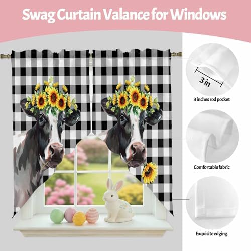 Sunflowers Cow Swag Curtain Valances, Kitchen Valance for Window, Farm Animal Black Buffalo Plaid Rod Pocket Topper Drapes for Bathroom Bedroom Living Room 2 Panels Window Treatment 36"x63" - Field & Pure