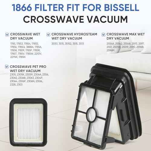 4 Pack 1866 Replacement Filters Compatible with Bissell Crosswave 1785 3888A 2551 & Crosswave Pet Pro 2306 & 2554 2596 CrossWave Cordless Max & Crosswave HydroSteam 35151 3518 Wet Dry Vacuum Cleaner