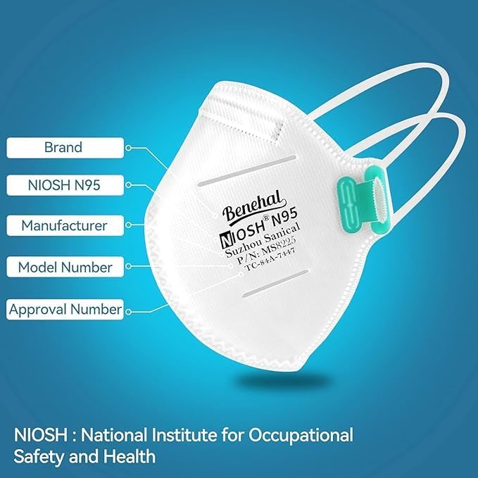 BENEHAL N95 Masks for Adults - 50 NIOSH-Approved 5 Ply Individually Wrapped Reusable N95 Face Masks - 95% Filtration for Easy Breathing, Designed for Long Wear, Helps Filter Pollen, Mold Spores & Dust - Field & Pure