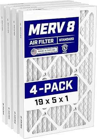 Filterking 19x5x1 Air Filter (MERV 8) (4-Pack) Dust & Allergy Control AC Furnace Filters, MADE IN USA, HVAC, Pleated, Electrostatic (Actual Size: 19 x 5 x .75)