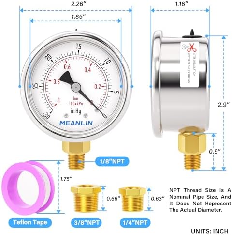 MEANLIN MEASURE -30inHG~0Psi Vacuum Gauge Stainless Steel 1/8" NPT 2"