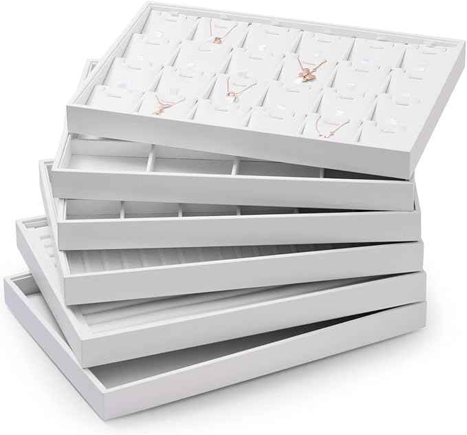 Oirlv Premium White Leather Stackable Jewelry Tray Flat Jewelry Organizer Tray