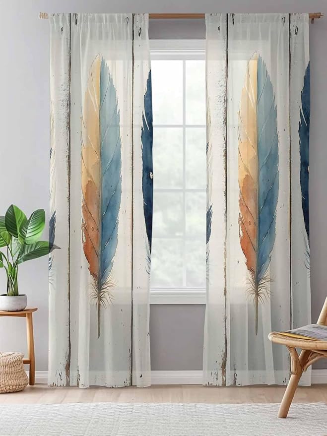 Sheer Curtains 108 Inches Long, Boho Ombre Vintage Wooden Grain Privacy Voile - Image 5