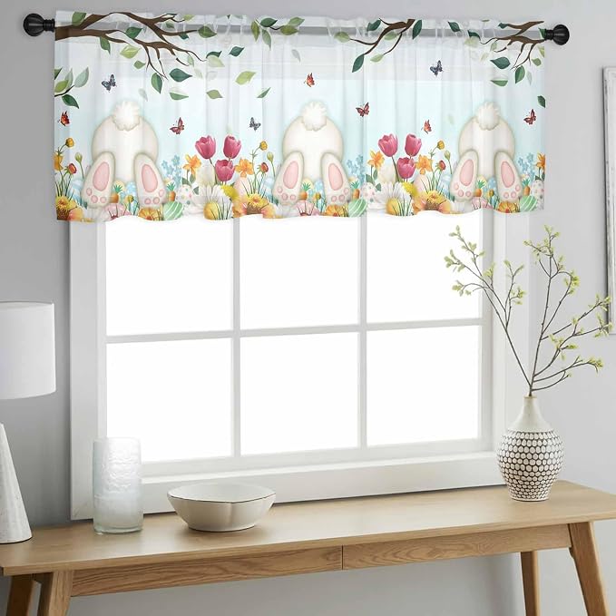 Easter Sheer Valances for Windows 42"x12", Light Filtering Kitchen Curtains - Image 2