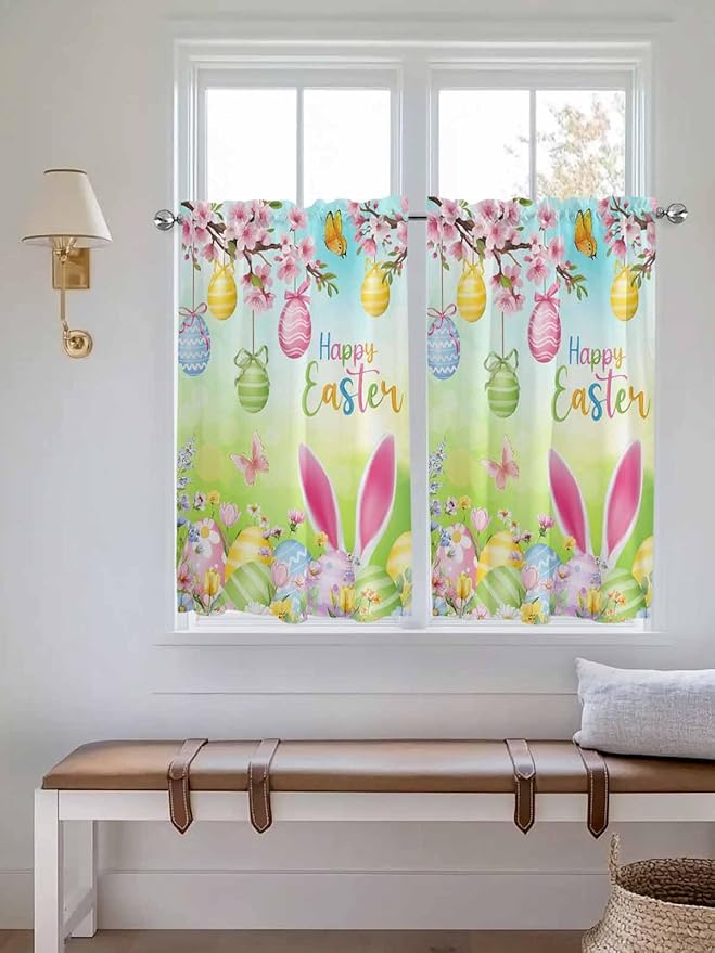 Easter Kitchen Curtains 54 Inches length, Spring Bunny Colorful Rabbit Eggs - Image 4