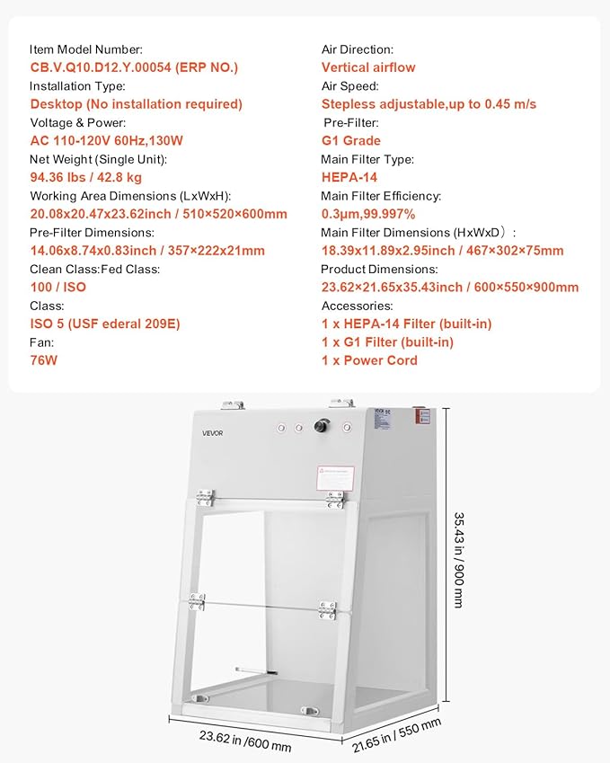 VEVOR Laminar Flow Hood, 20.08 x 20.47 x 23.62 inch Working Area Portable Clean - Image 7