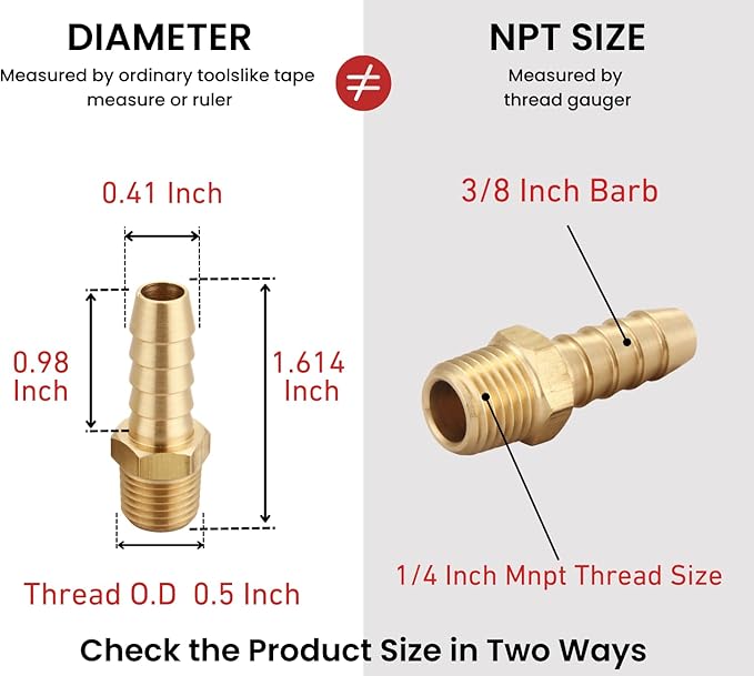3/8 Inch Hose Barb to 1/4 Inch NPT Male Thread Brass Air Hose Barb Fittings - Image 2