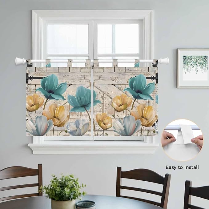 Watercolor Flowers Kitchen Curtains 36 Inch Length, Small Window Curtains Tab - Image 4