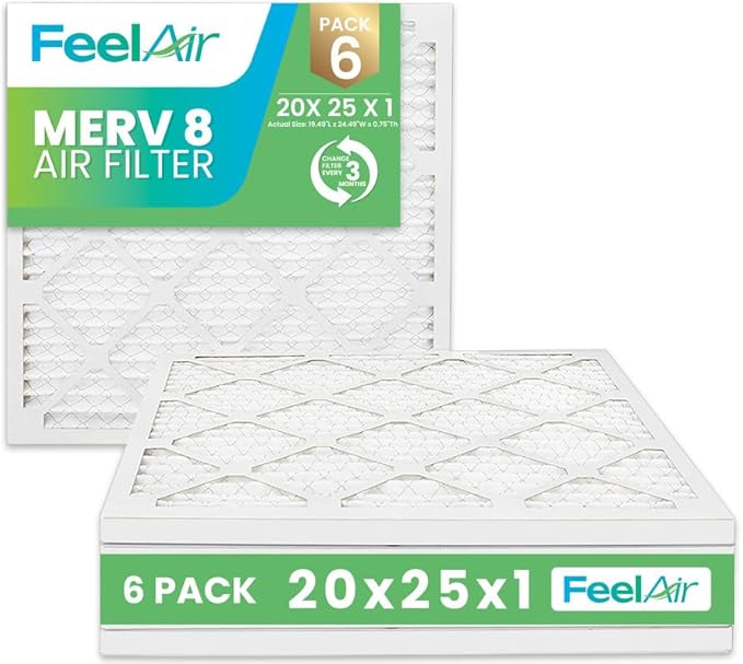 20x25x1 Air Filter, MERV 8, 6 Pack – Premium Pleated HVAC & Furnace Filter by Feelair