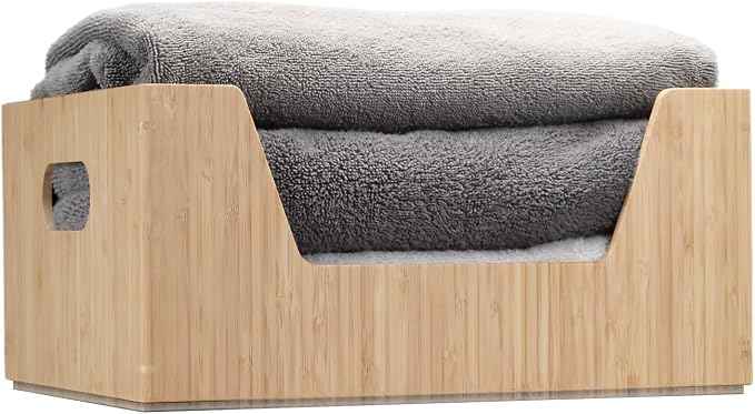 Bamboo Storage Box with Open Front Stackable Bin Organizer to use in kitchen