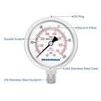 MEASUREMAN Pressure Gauge 1/4 NPT, 0-100psi/kPa Fully Stainless Steel Hydraulic - Image 3