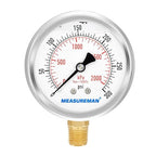 MEASUREMAN 2-1/2inch Dial Size, Glycerin Filled Pressure Gauge, 0-300psi/kpa by MEASUREMAN