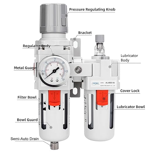 NANPU 1/2" NPT Compressed Air Filter Regulator Lubricator Combo Water/Oil Trap - Image 2