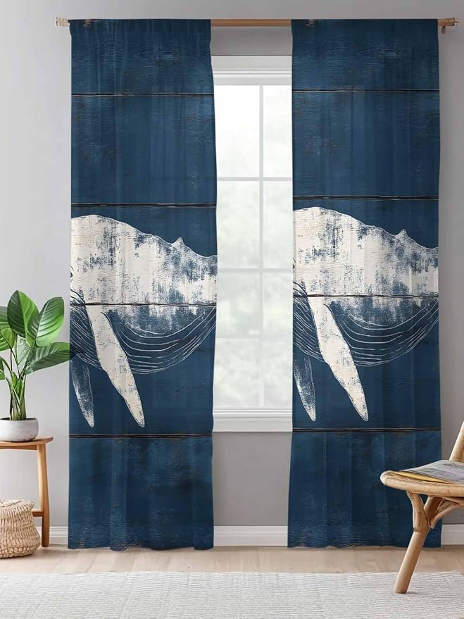 Sheer Curtains 84 Inches Long, Summer Whale Semi Sheer Curtains Light Filtering - Image 5