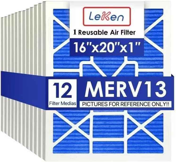 LEKEN 16x20x1 AC Furnace HVAC Filter Reusable Electrostatic Filters MERV 13 For Households With Pets, Contain 1 reusable ABS frame+12 filter Medias, (Precise Size 15.68" x 19.68" x 0.75")