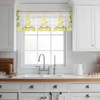 Lemon Dwarfs Sheer Valance Curtains, Gnome Green Leaf Wood Striped Yellow Plaid - Image 2