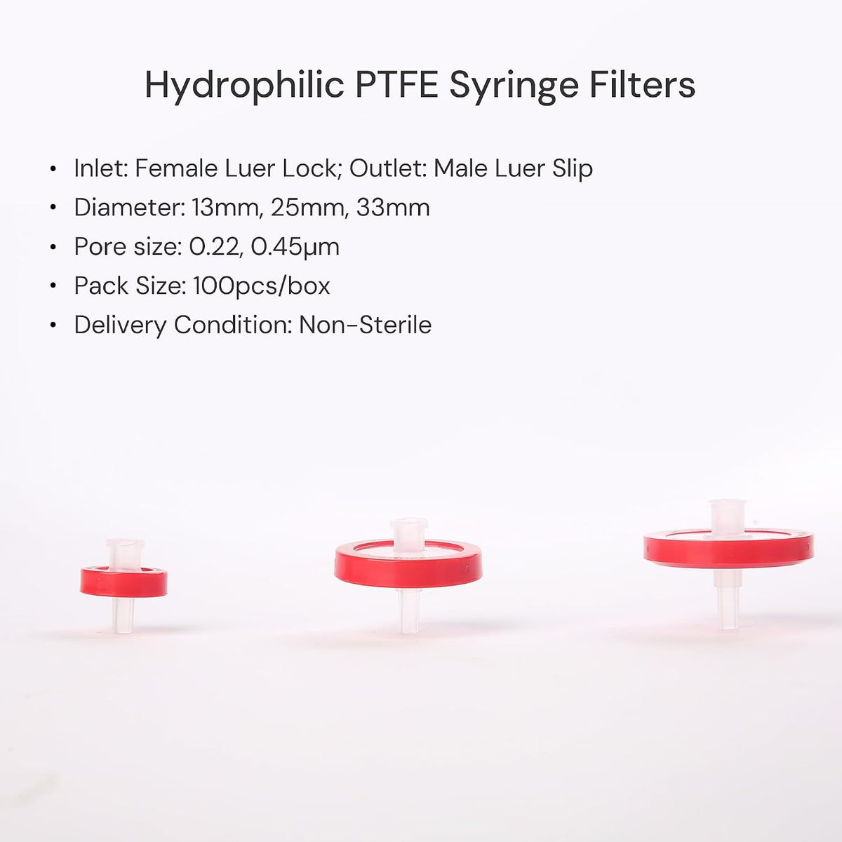 Syringe Filter Hydrophilic PTFE, 0.22μm 13mm, Non-sterile, PK of 100