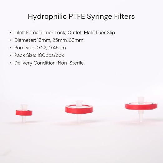 100 Pack Syringe Filter PTFE hydrophilic Lab Filters 0.45μm Pore Size 25mm - Image 2