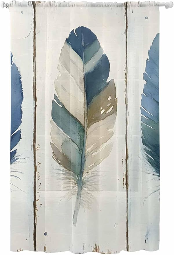 Sheer Curtains 108 Inches Long, Boho Blue Feathers Semi Sheer Curtains Light by Unknown