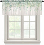 Green Leaf Sheer Valance Curtains, Eucalyptus Leaves Vintage Linen Texture by Houseown
