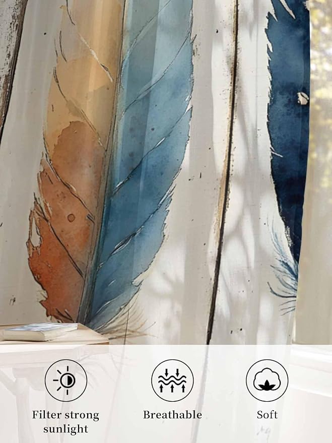 Sheer Curtains 63 Inch Length, Boho Ombre Vintage Wooden Grain Privacy Voile - Image 6