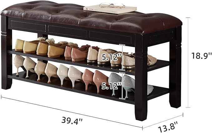 Shoe Storage Bench with Cushion, Entry Bench with Storage Solid Wood Shoe Bench