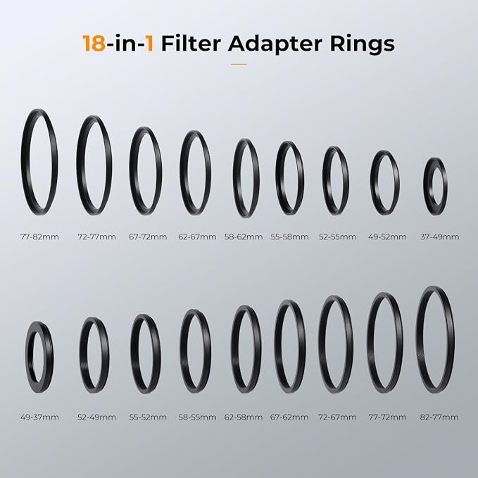 K&F CONCEPT 18 Pieces Filter Ring Adapter Set, Camera Lens Filter Metal - Image 2
