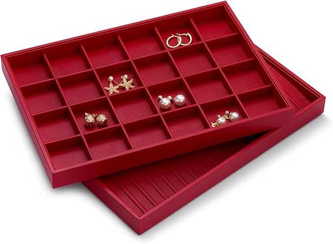 Oirlv Gorgeous Red Leather 24 Gird Jewelry Tray Stackable Jewelry Drawer