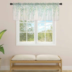 Green Leaf Sheer Valance Curtains, Eucalyptus Leaves Vintage Linen Texture - Image 4